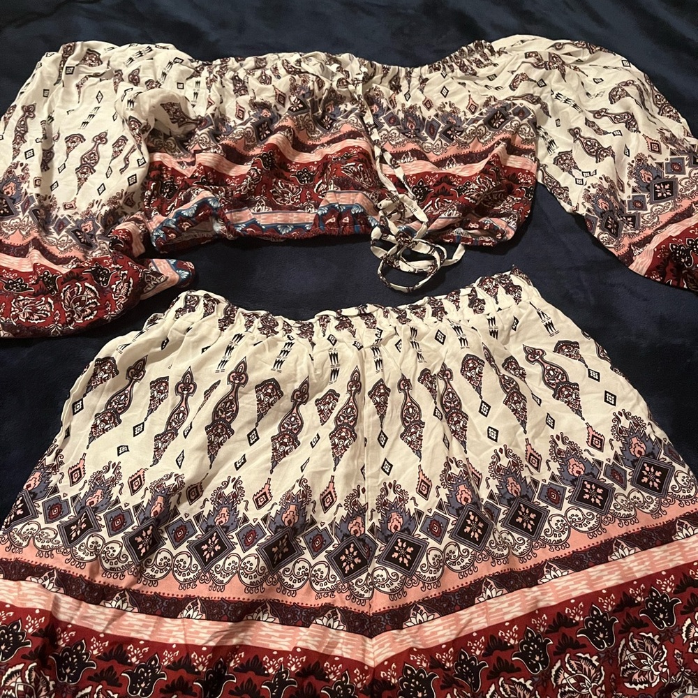 Boho Off-Shoulder Two-Piece Set in Cream, Rust & Navy